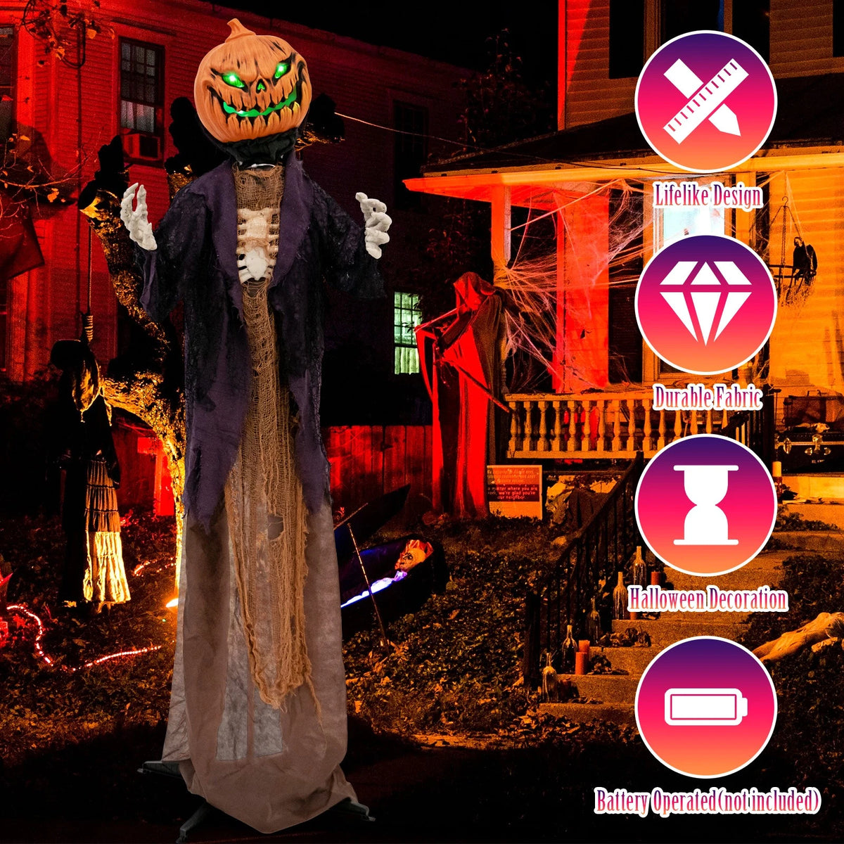 5.6FT Animated Pumpkin Scarecrow with Green LED Eyes and Spooky Sounds