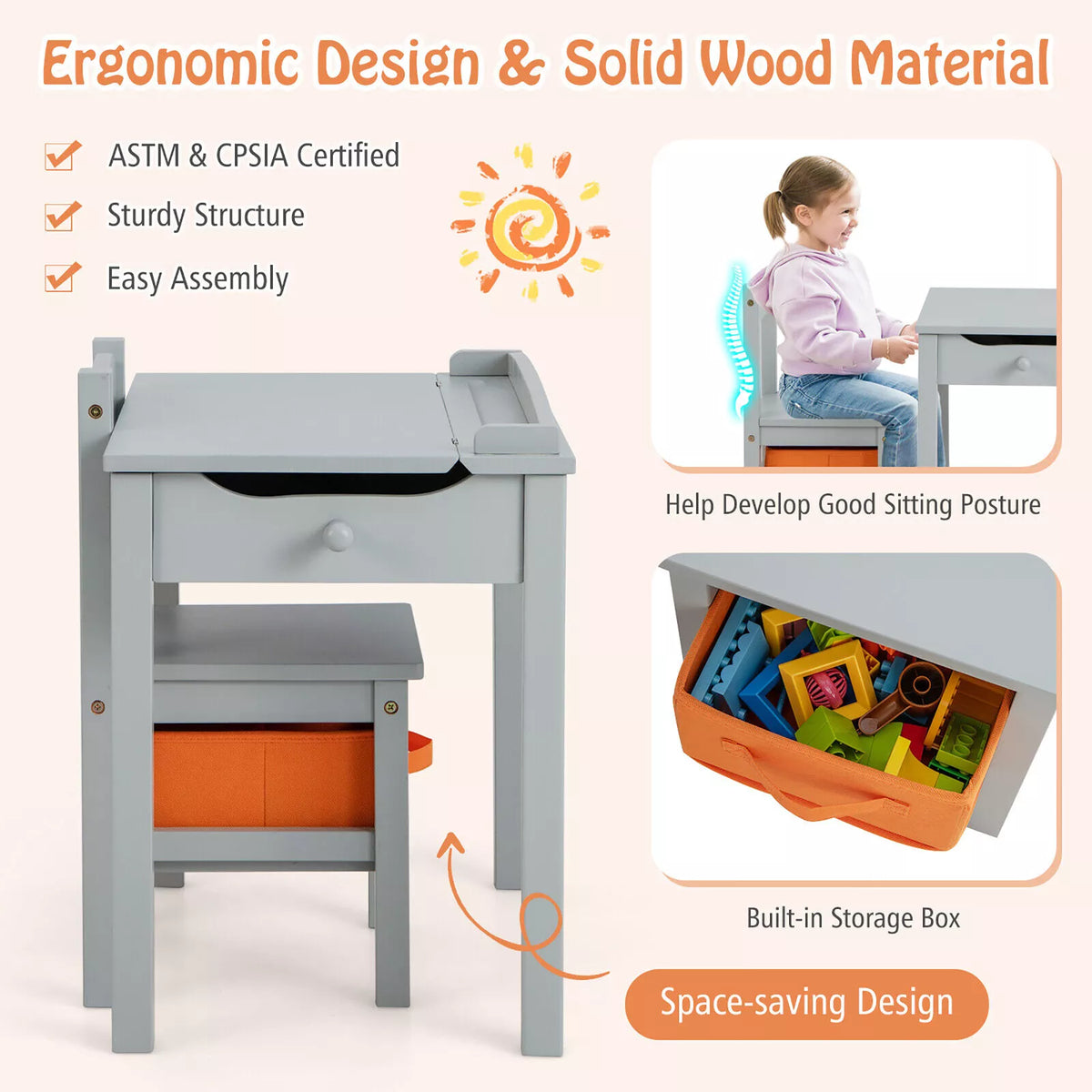 Kids Wooden Table and Chair Set with Flip-Top Desk & Storage