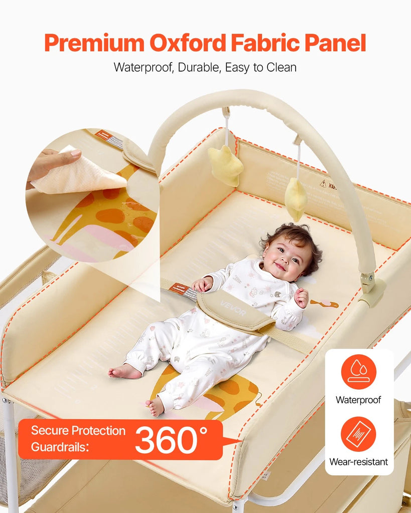 Beige Foldable Baby Changing Table with Basket, Drawers & Toys