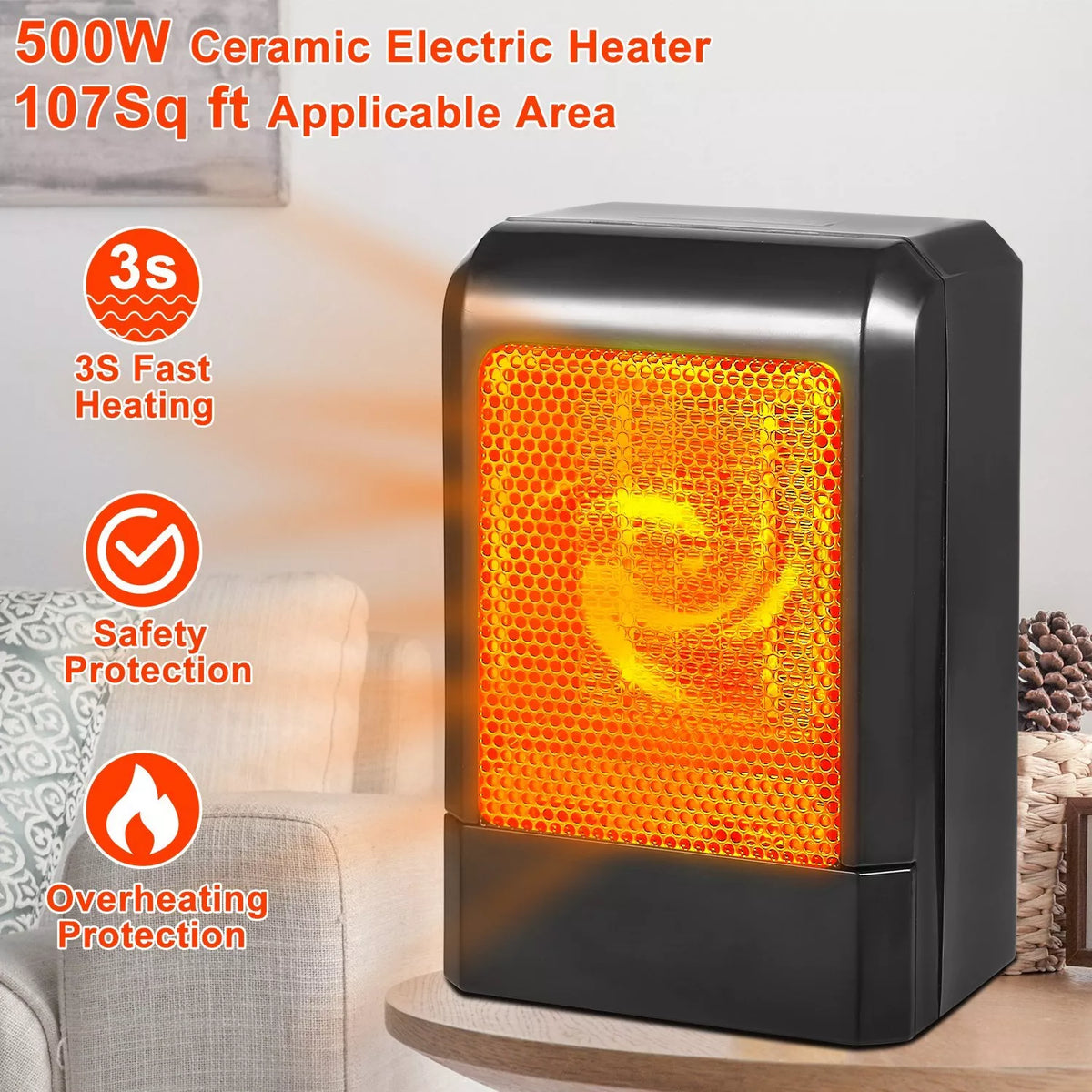 500W Portable Electric Space Heater for Home & Office