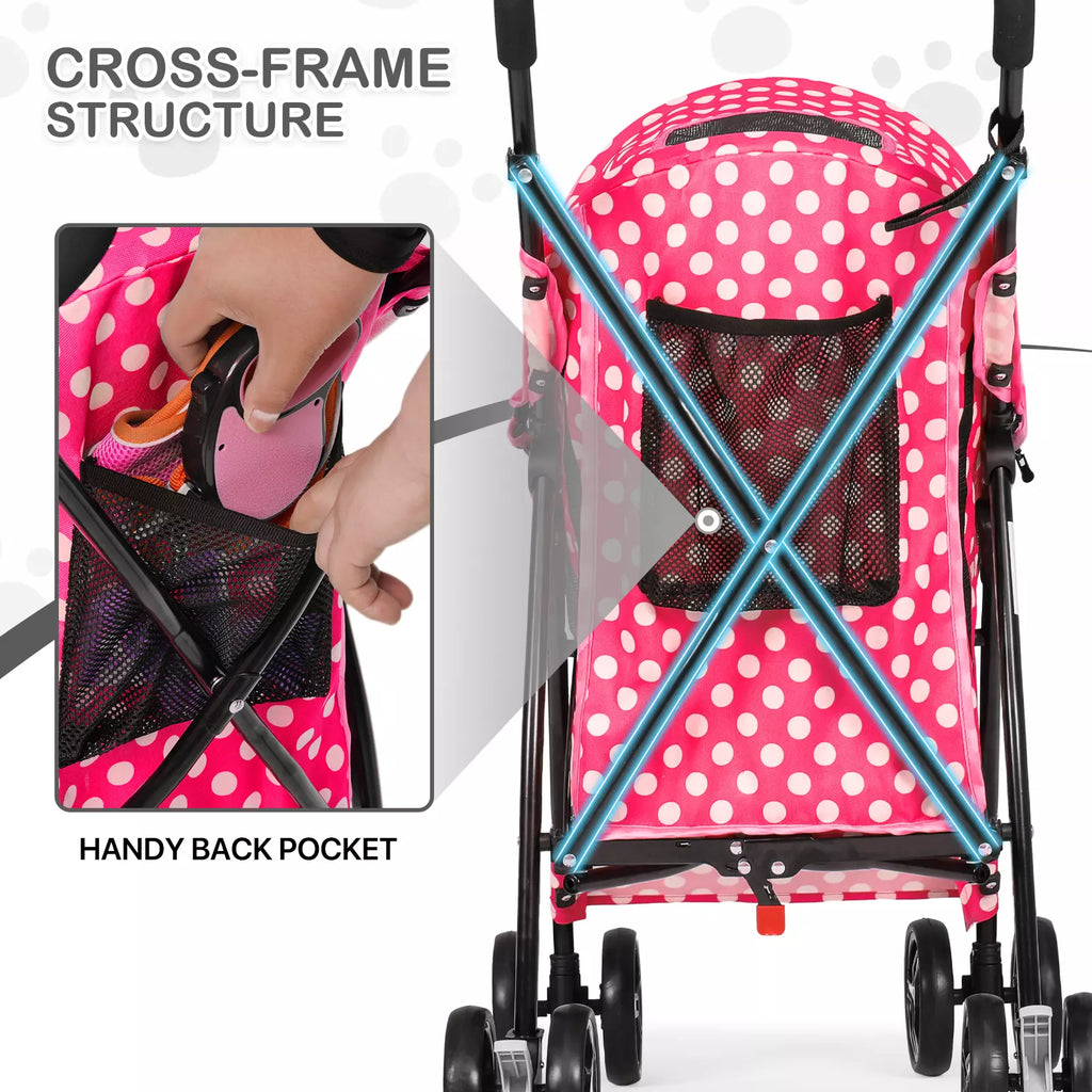 Foldable Pet Stroller with Mesh and Storage Basket Hot Pink