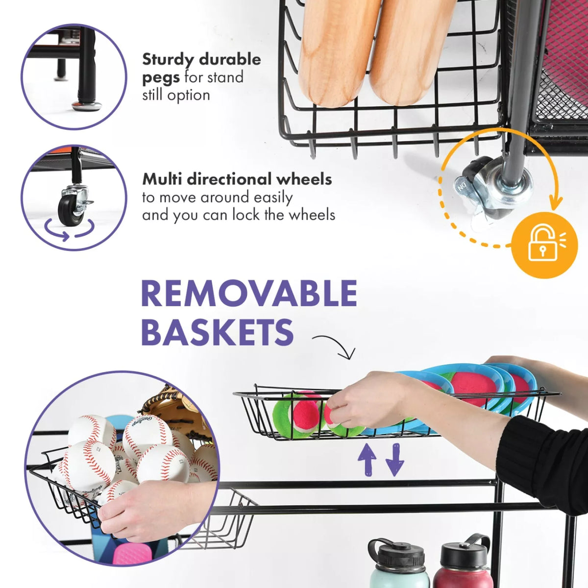 Rolling Sports Rack with Baskets & Ball Storage for Garage or Gym