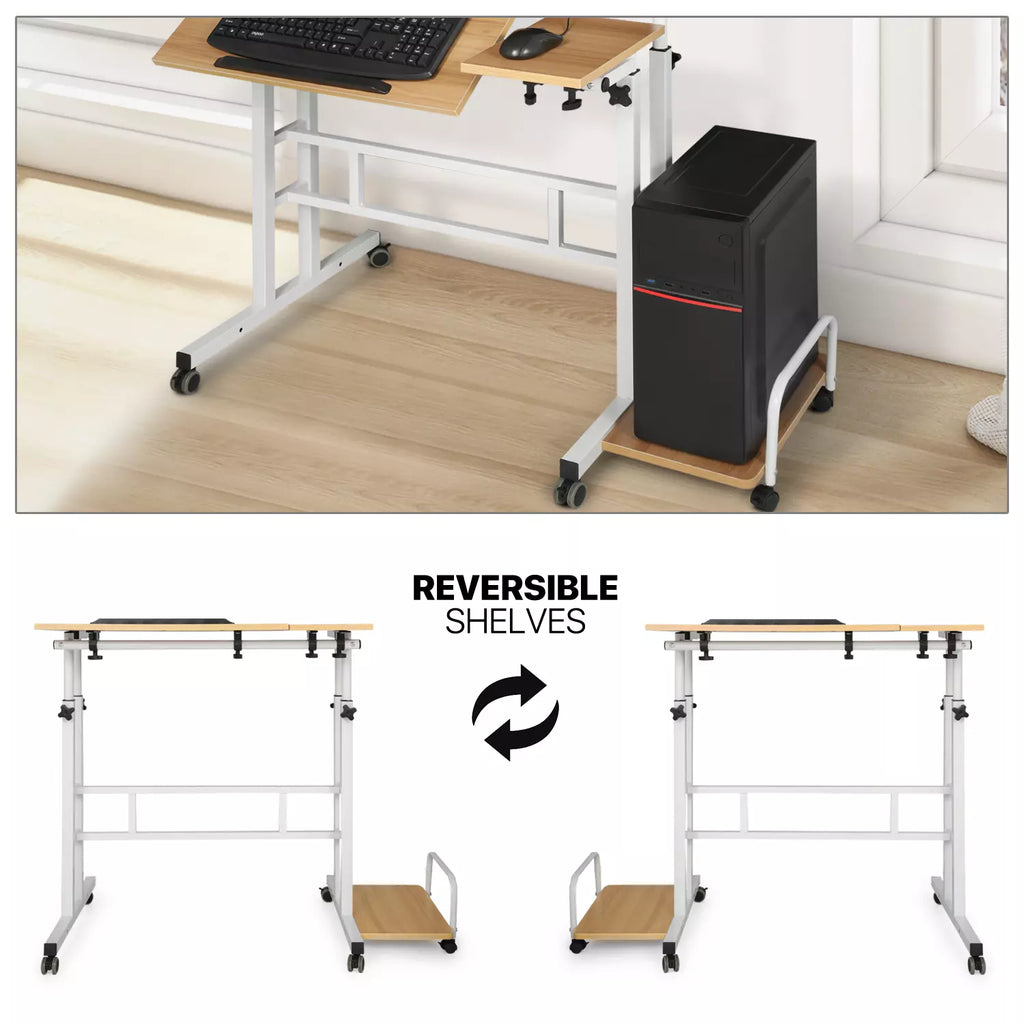 Rolling Adjustable Height Laptop Desk with CPU Stand Modern Workstation