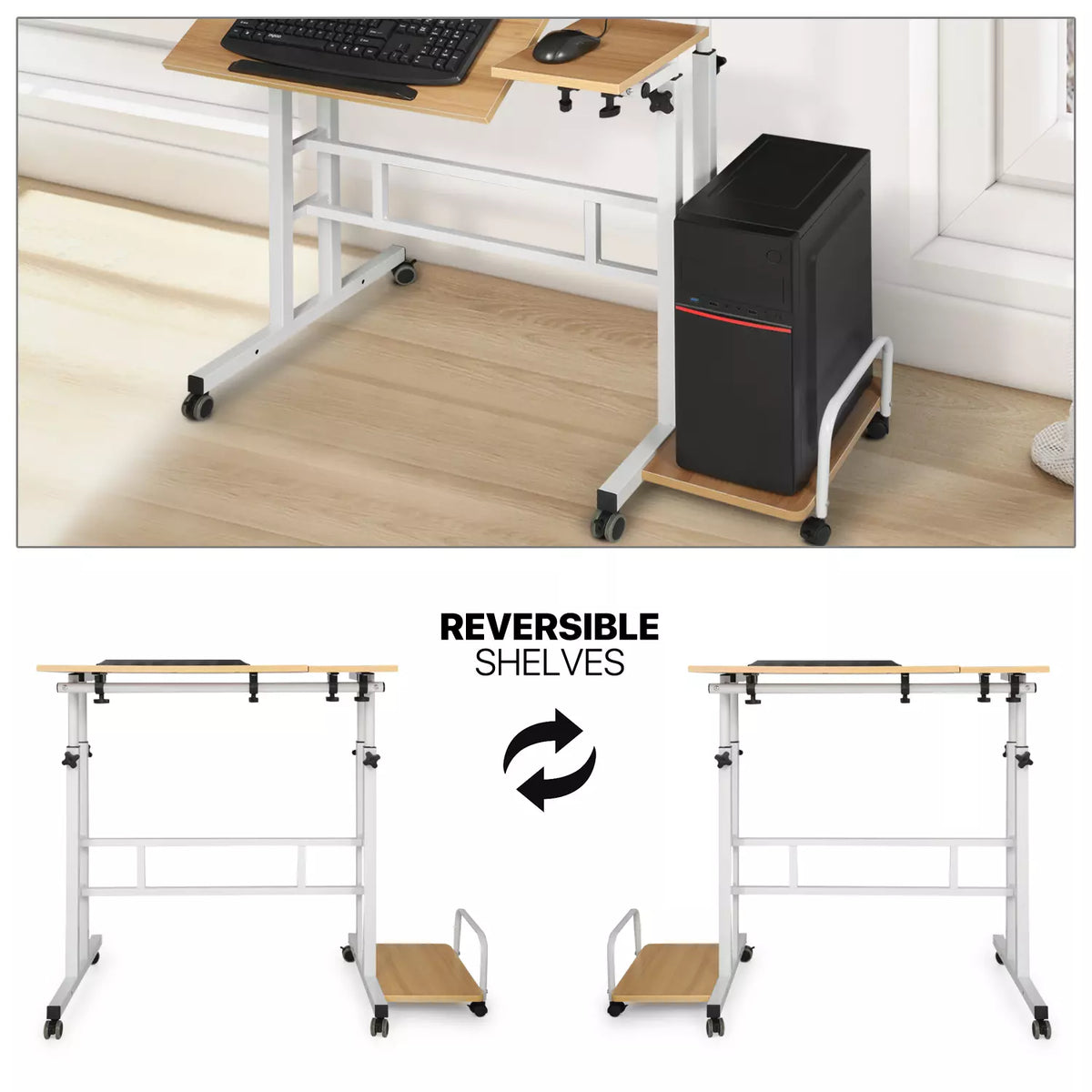 Rolling Adjustable Height Laptop Desk with CPU Stand Modern Workstation