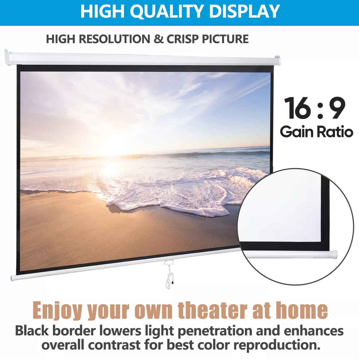 100-Inch 16:9 HD Manual Pull Down Projector Screen Home Theater