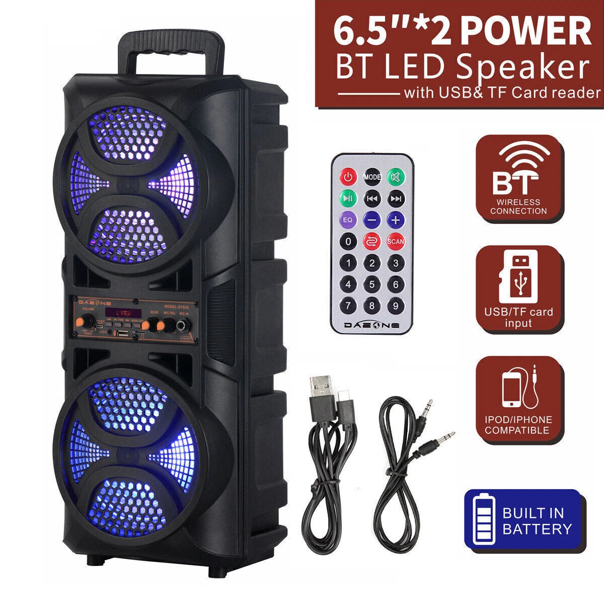 Portable Bluetooth Party Speaker 3000W Bass with LED Lights Remote Pro