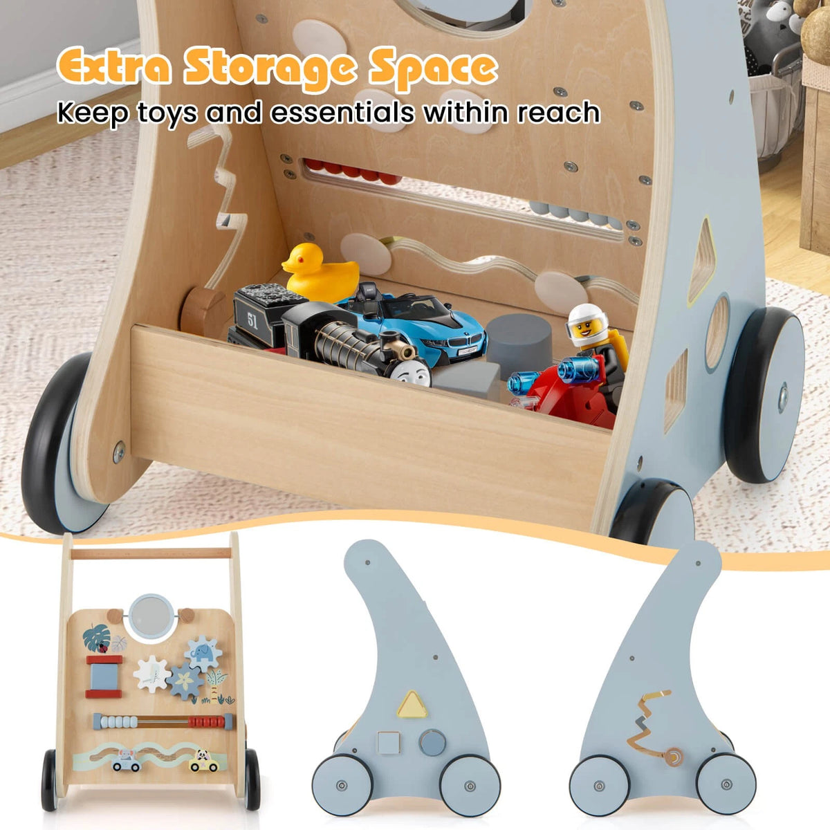Wooden Baby Push Walker with Multi-Activity Learning Center & Storage