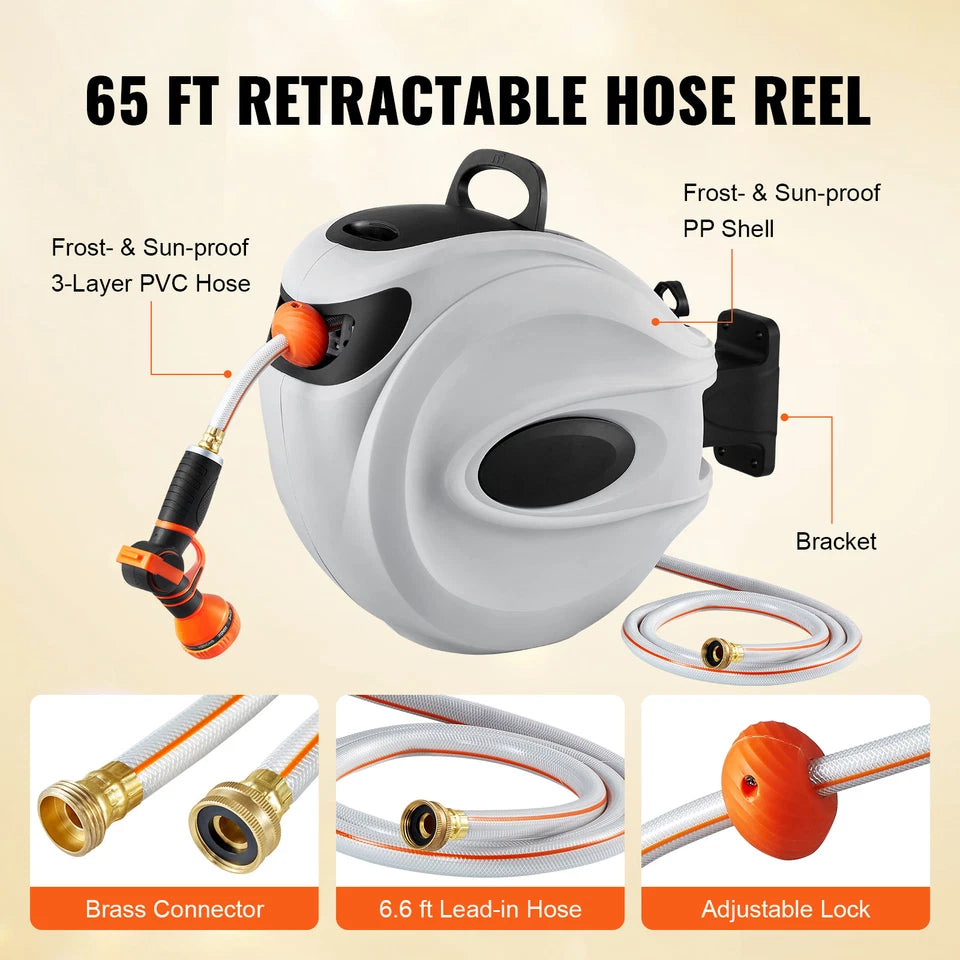 65FT Retractable Garden Hose Reel with Auto Rewind Wall Mount Nozzle
