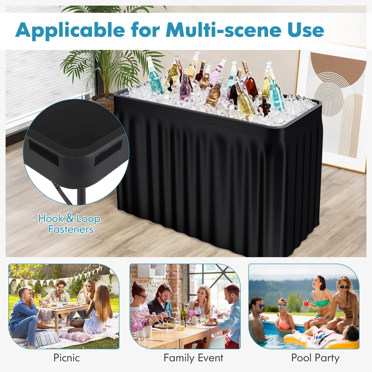 Portable 4FT Ice Cooler Table Party Drink Station with Skirt Black