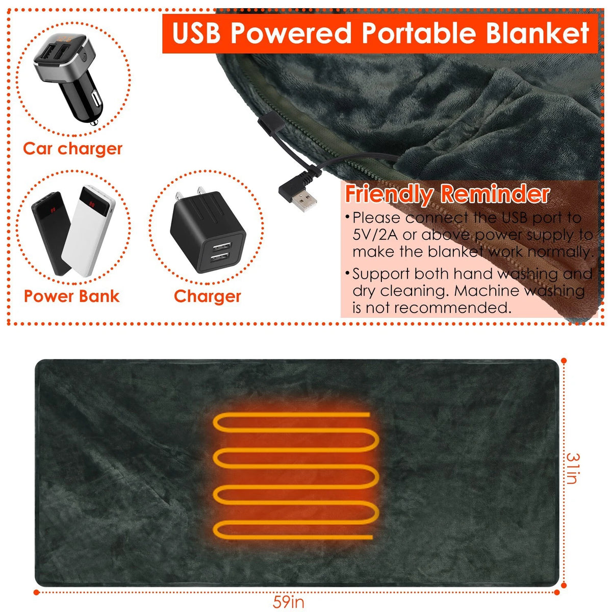 USB Heated Blanket Shawl with Zipper, Washable Flannel, 3 Heat Levels