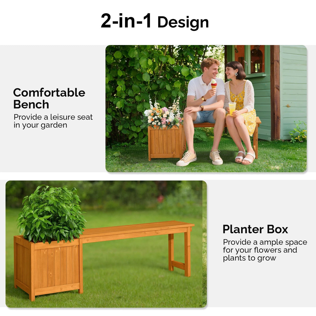 2-in-1 Wooden Garden Bench with Planter Box for Porch and Backyard
