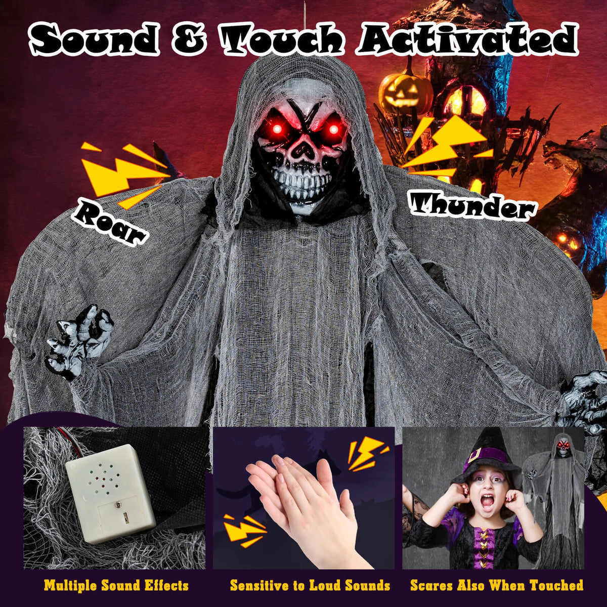 12.1FT Giant Hanging Skeleton Ghost with Sound Effects and Red LED Eyes