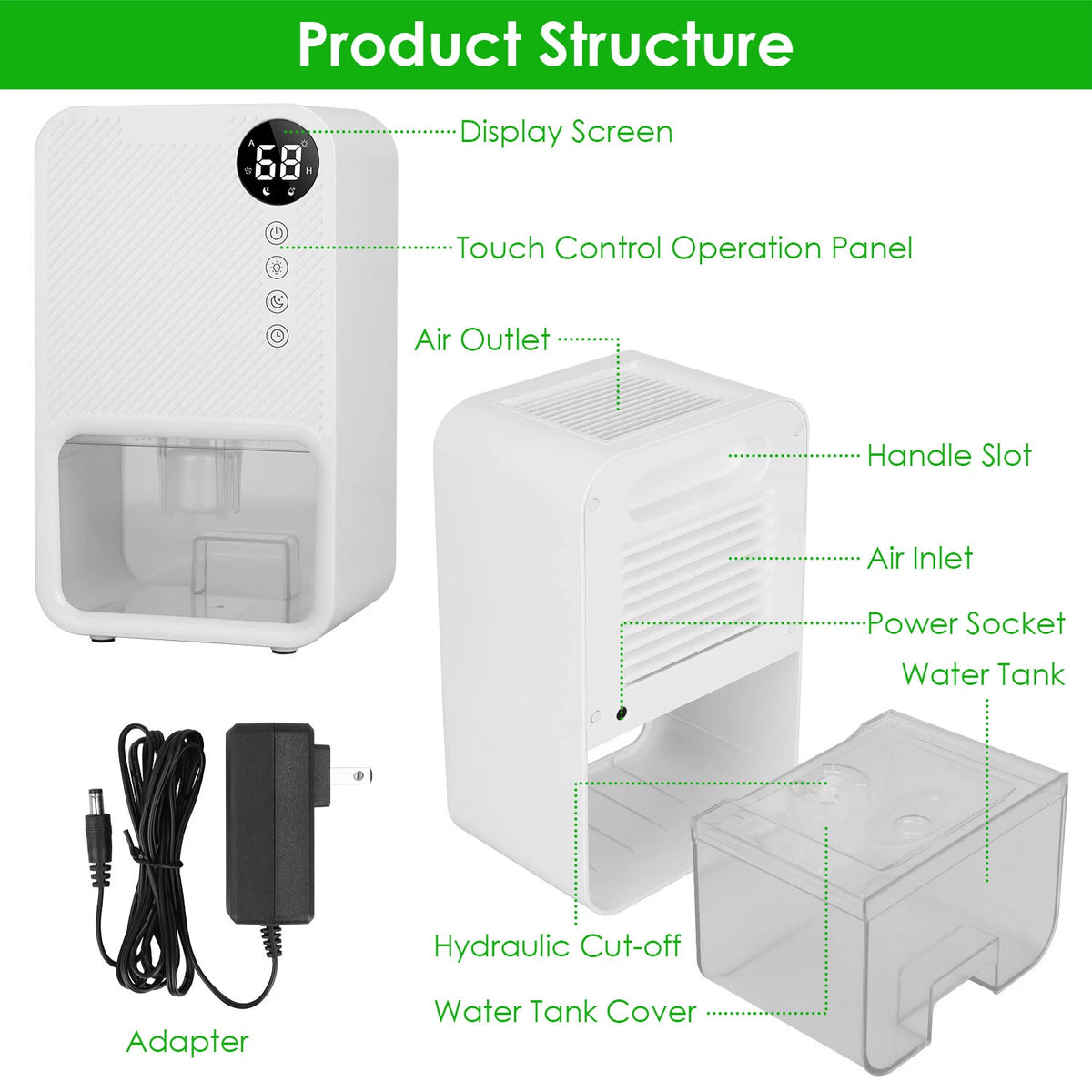 Portable Dehumidifier 1.1L Tank LED Touch Timer for Home Use