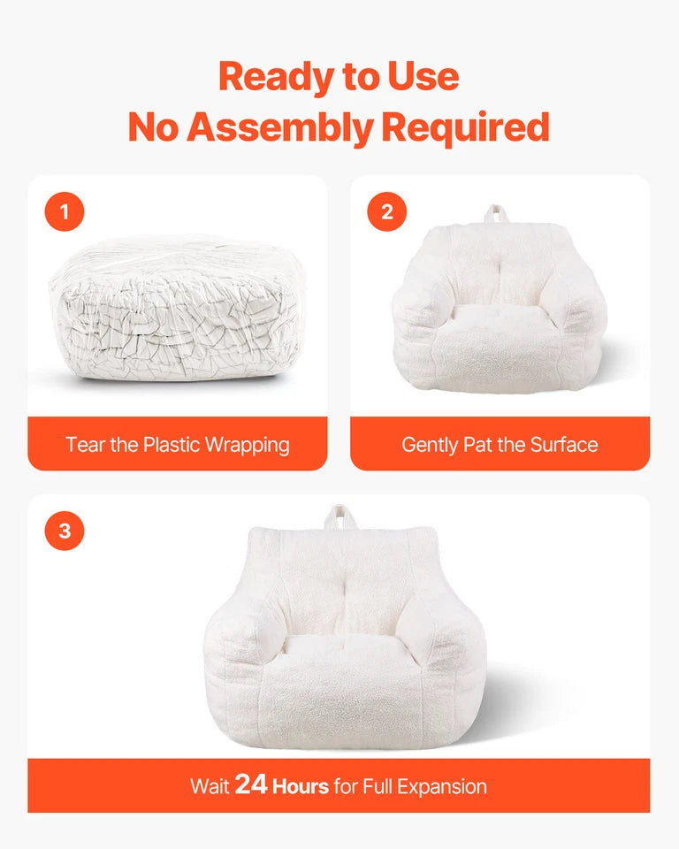 3-Foot Memory Foam Bean Bag Chair with Armrests and Side Pocket White
