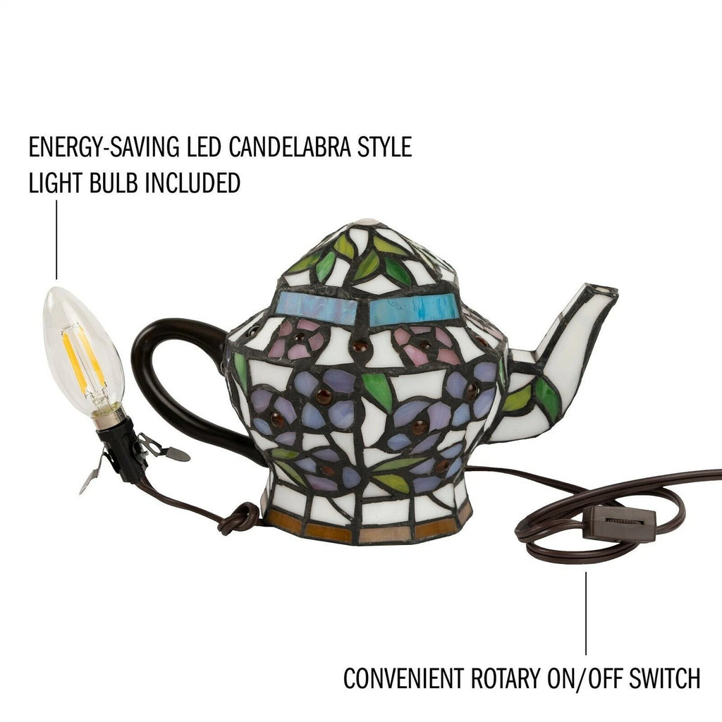 Tiffany Style Stained Glass Teapot Lamp with LED Light for Home Décor