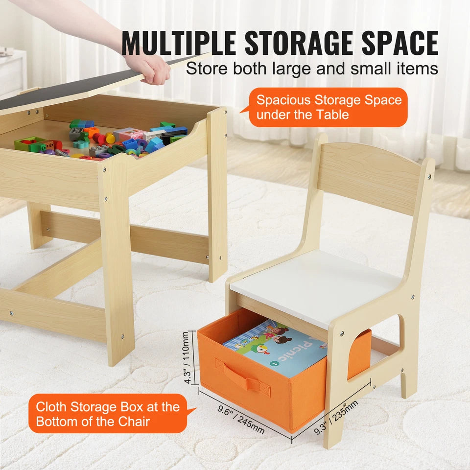 Kids Wooden Table and Chair Set with Chalkboard & Storage Bins