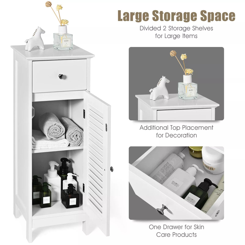 Slim White Bathroom Storage Cabinet with Drawer & Shutter Door