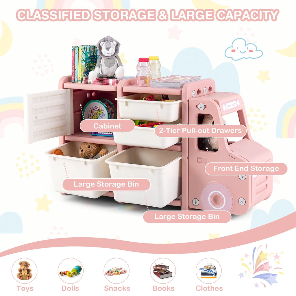 Truck-Themed Kids Toy Organizer with Storage Bins and Drawers Pink