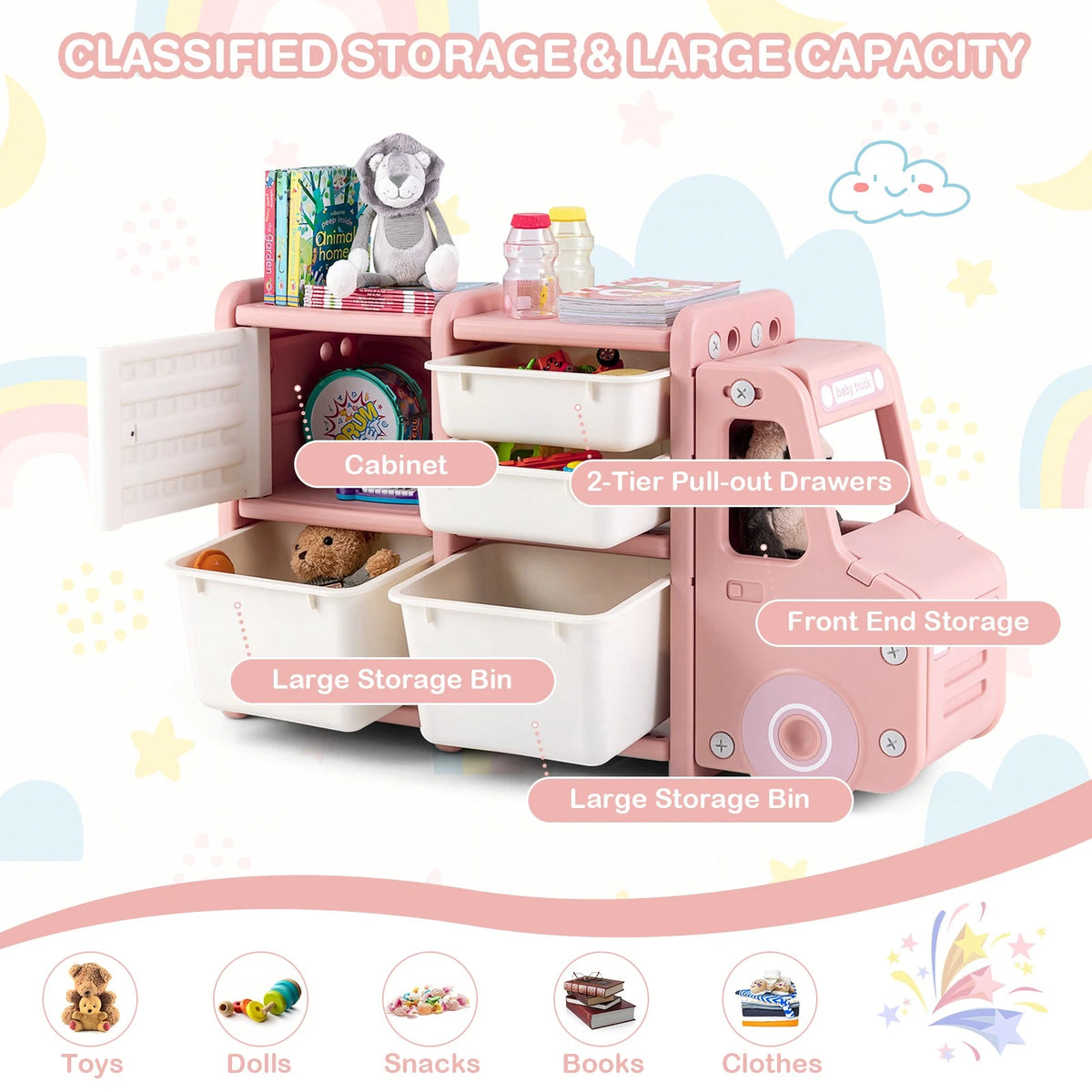 Truck-Themed Kids Toy Organizer with Storage Bins and Drawers Pink