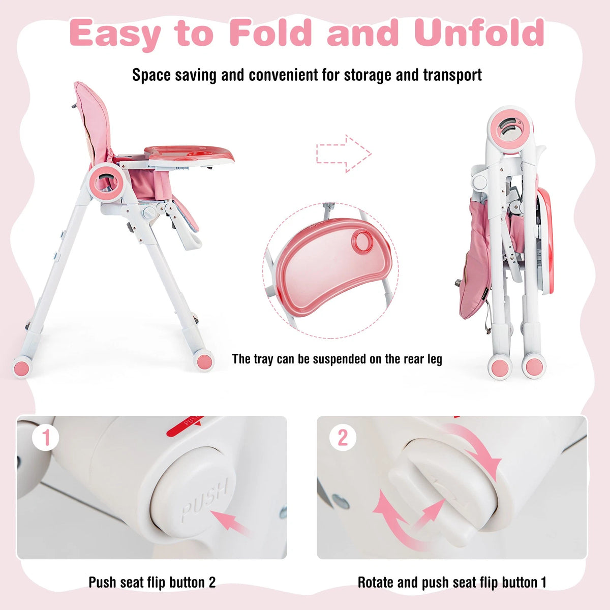 Foldable Baby High Chair with Double Tray, Wheels & Recline Pink