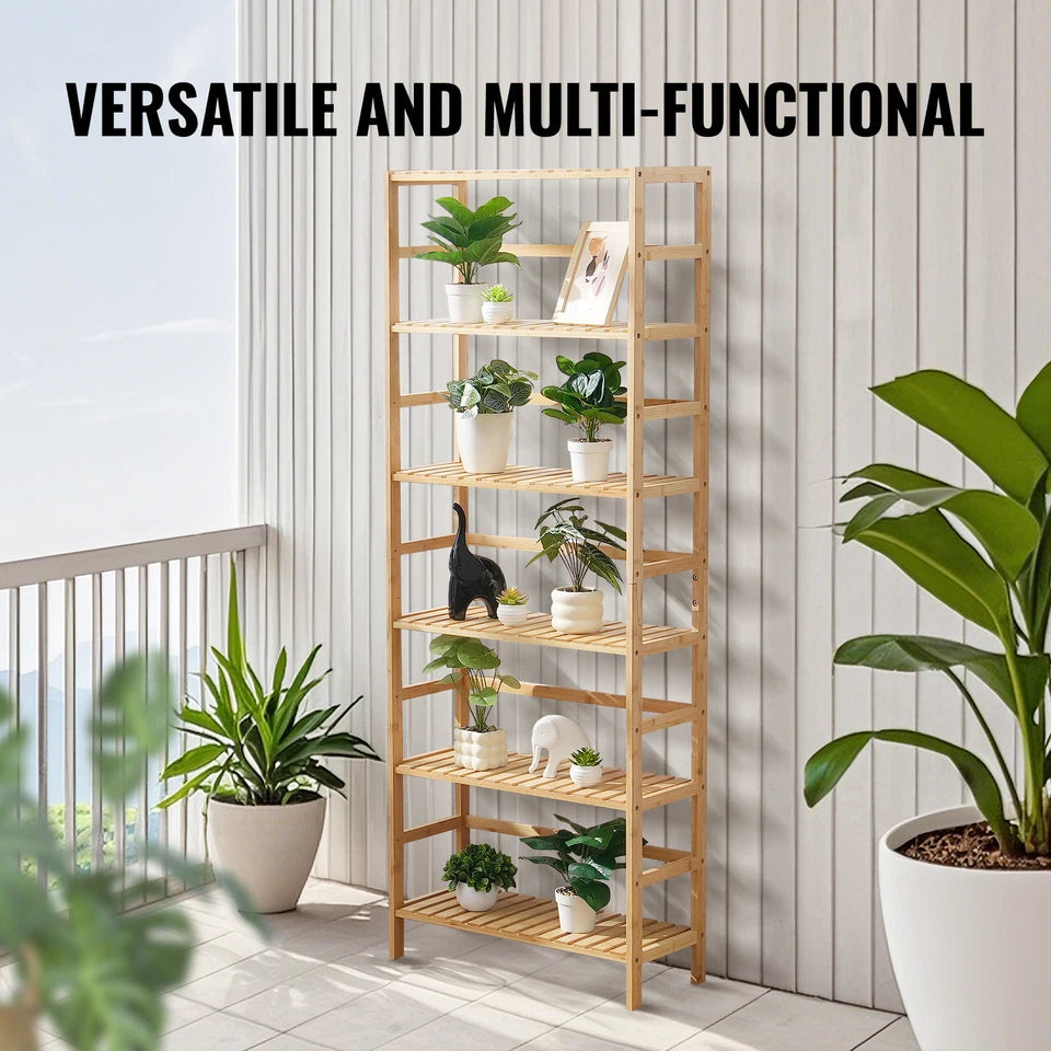 6-Tier Natural Bamboo Ladder Shelf for Books, Plants & Storage Use