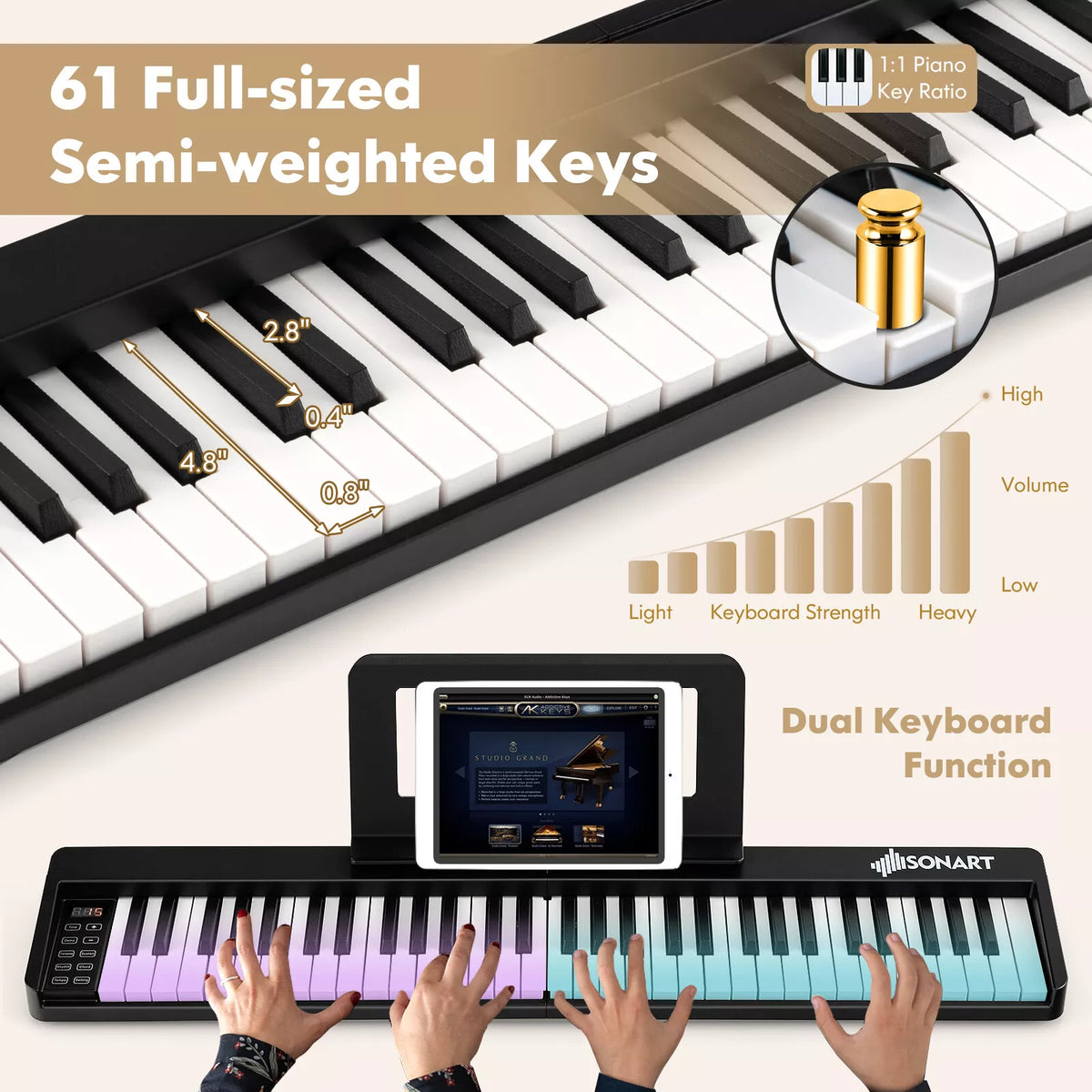 61-Key Folding Piano Keyboard with Semi-Weighted Keys  MIDI & Bluetooth