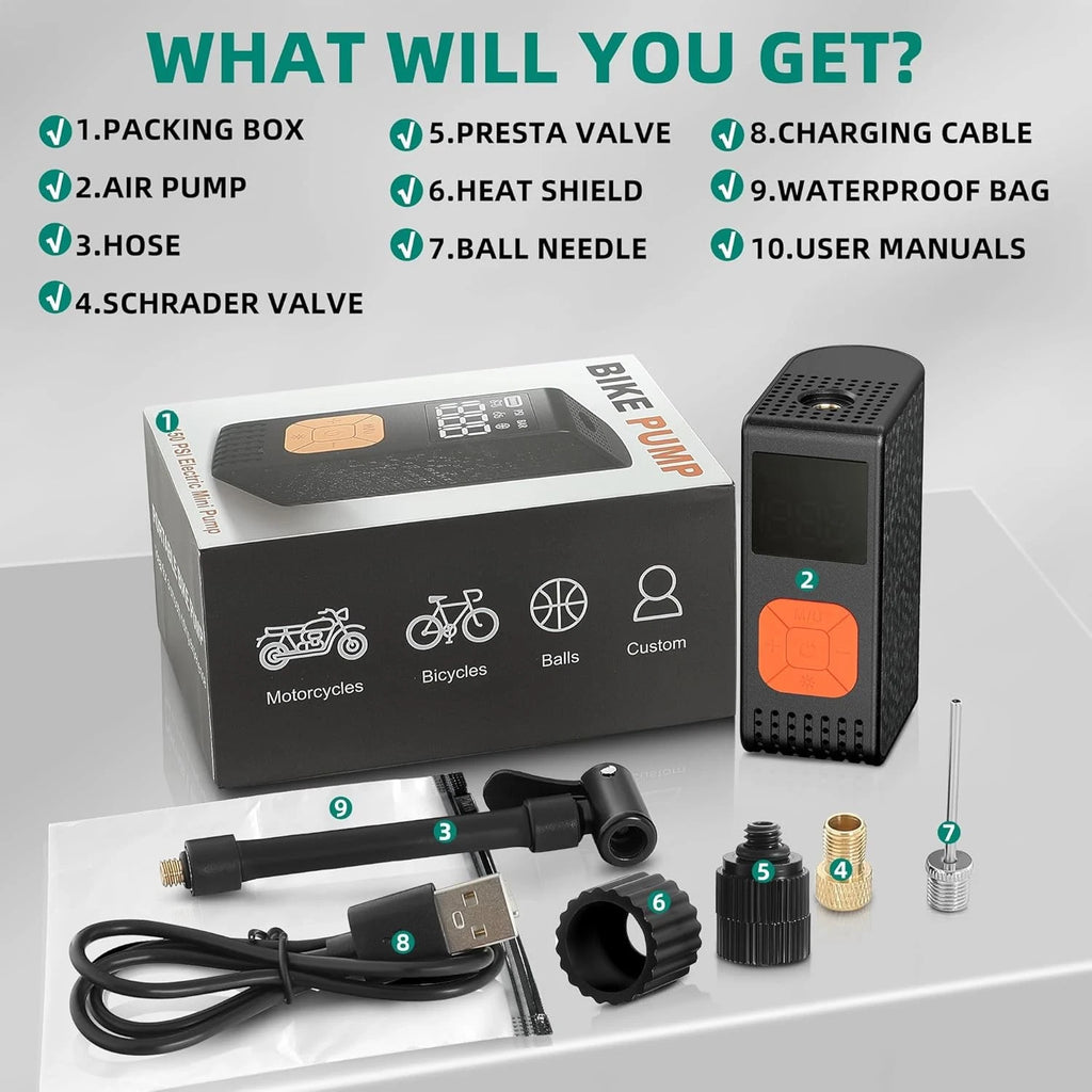 Portable Electric Air Pump 150PSI Bike Tire Inflator Mini Tool