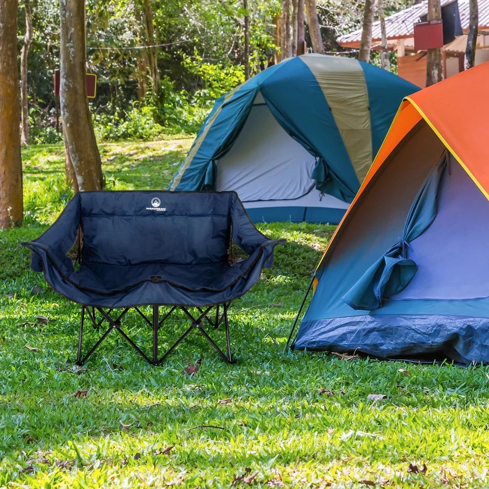 Foldable 2-Person Camping Chair with Cup Holders and Travel Bag Blue
