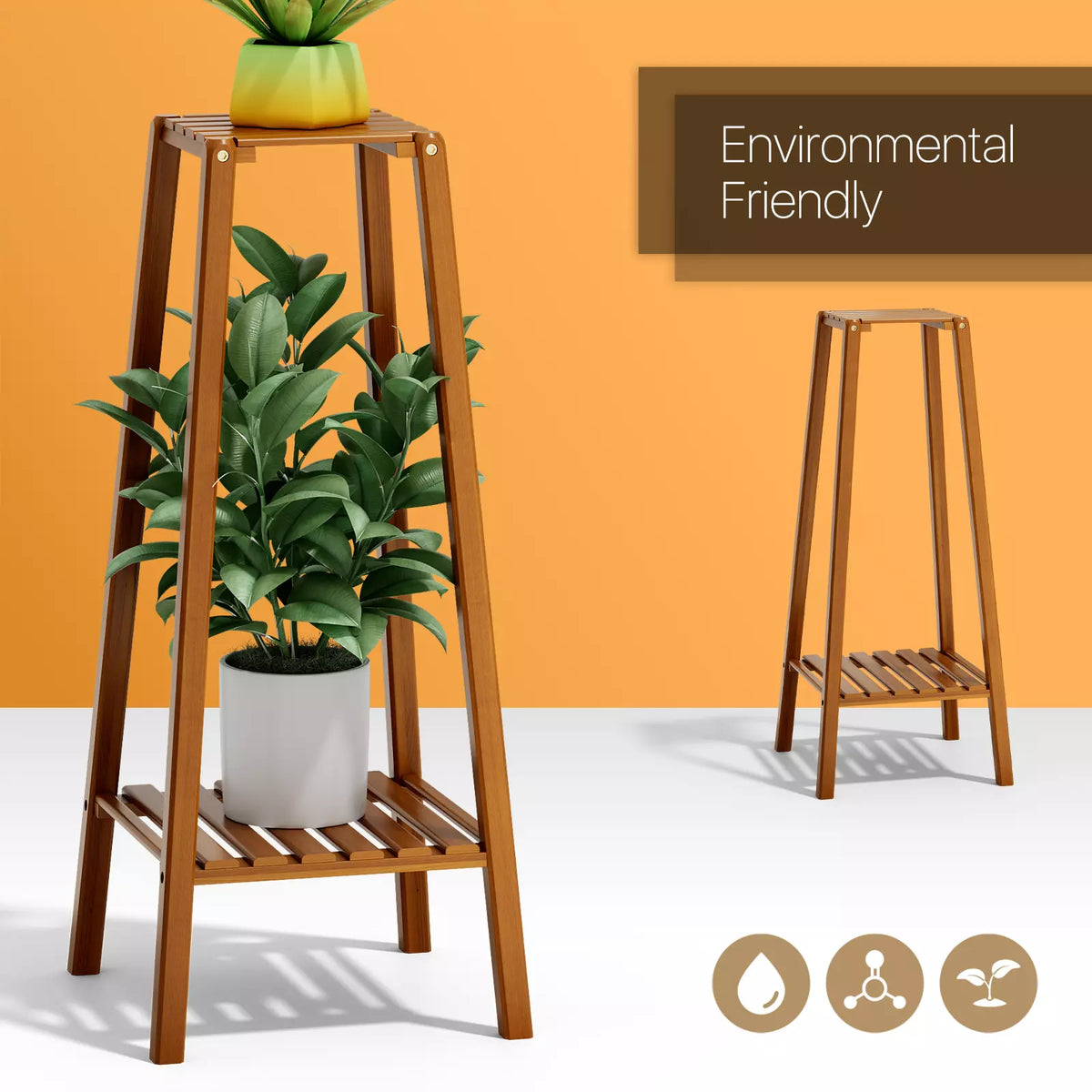 13" Bamboo 2-Tier Plant Stand Indoor/Outdoor Small Space Planter