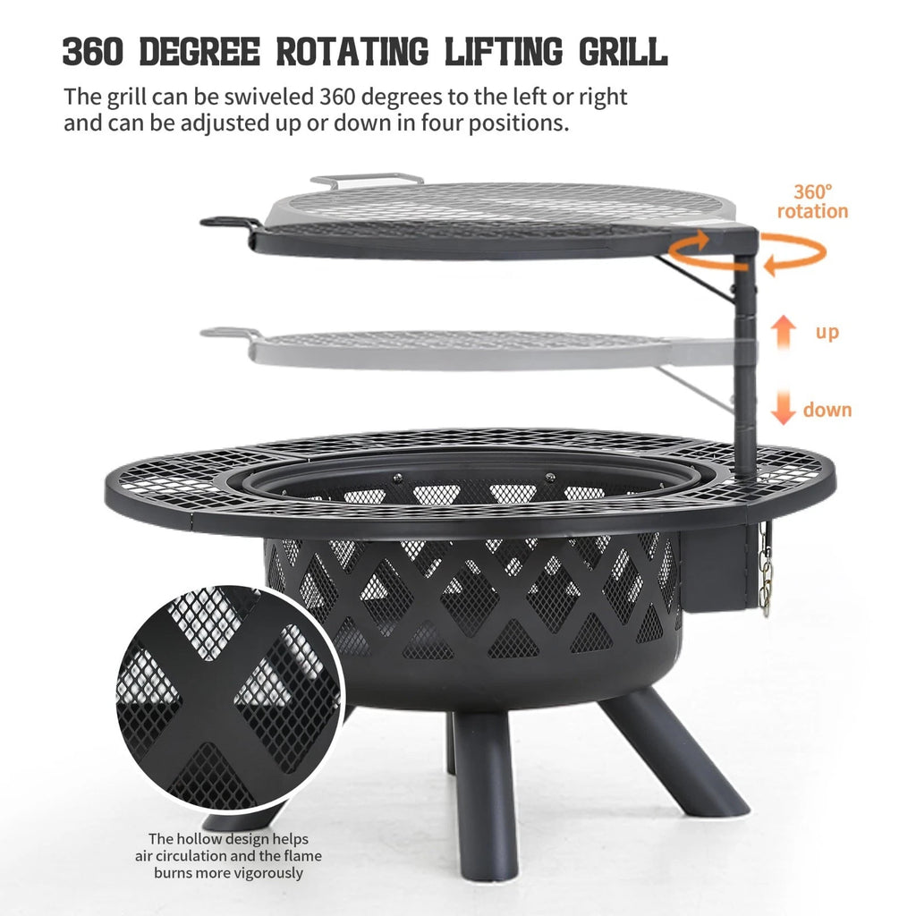 Outdoor Wood Fire Pit 32 Inch BBQ Grill Swivel Cooking Patio Heater