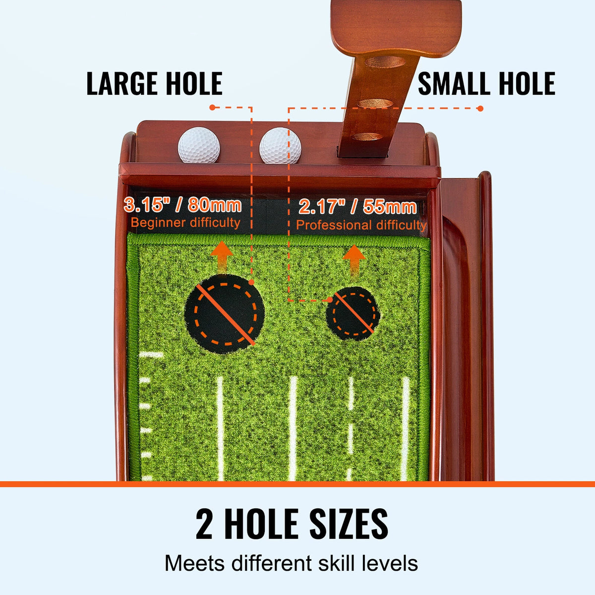 Indoor Golf Putting Mat with Ball Return, Wood Base & 2 Hole Design