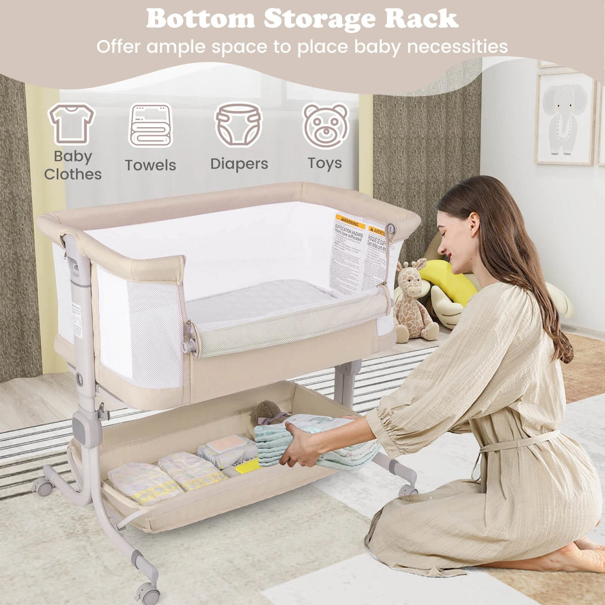 3-in-1 Baby Bassinet with Wheels, Storage & Adjustable Height Beige