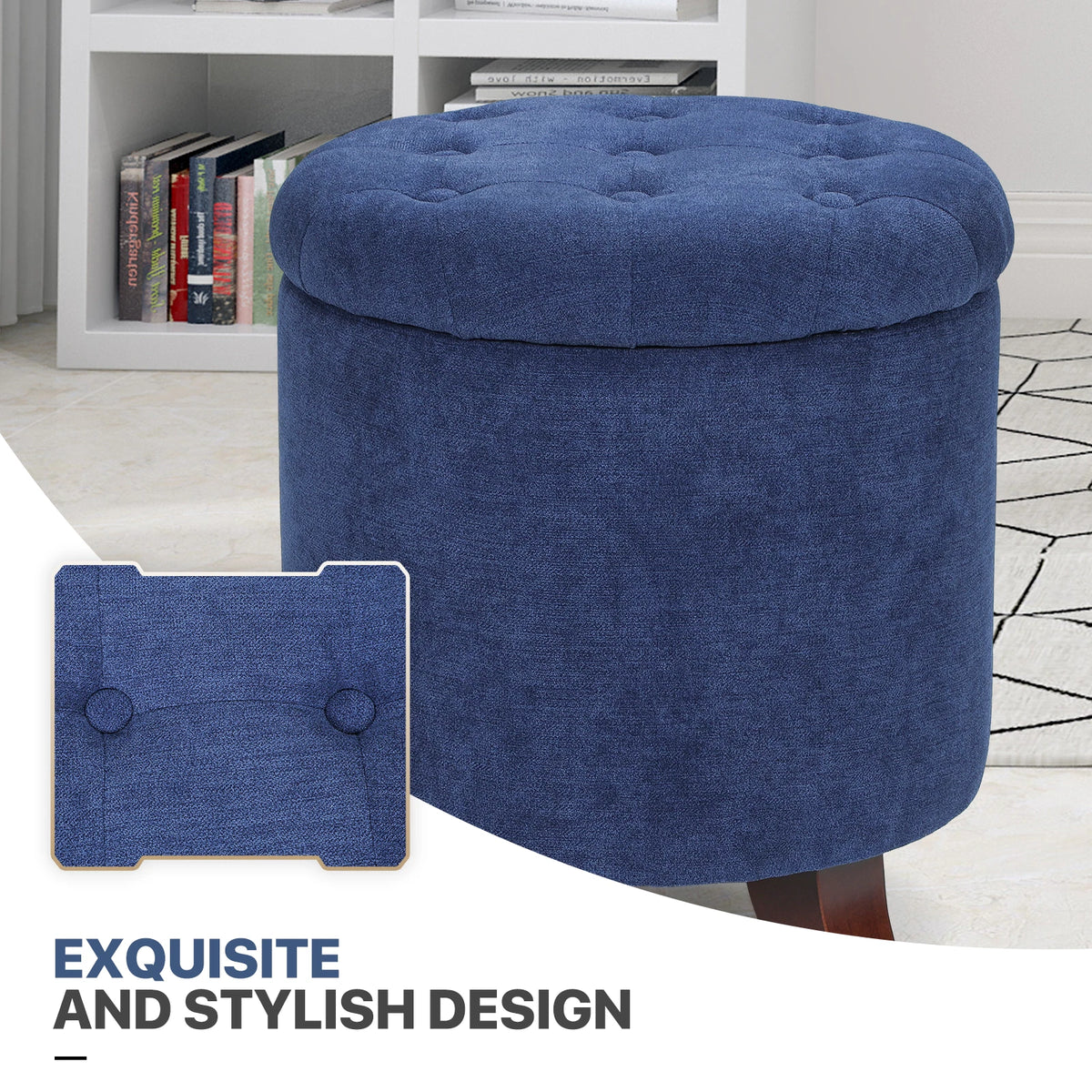 17" Round Navy Ottoman with Storage Padded Seat Lift-Off Lid