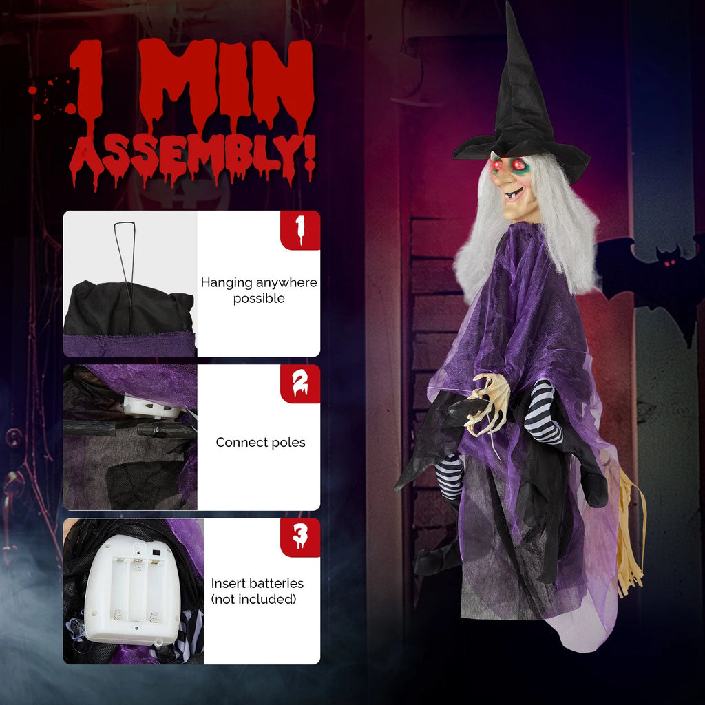 3 FT Animated Talking Witch with Glowing Eyes and Broom Halloween Decor