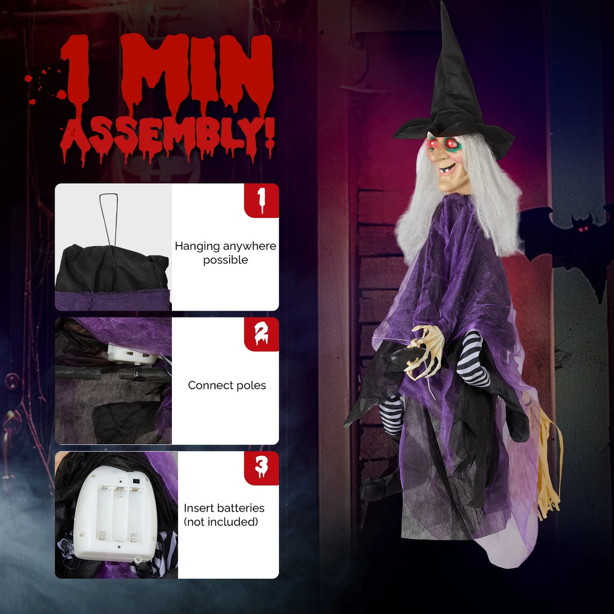 3 FT Animated Talking Witch with Glowing Eyes and Broom Halloween Decor