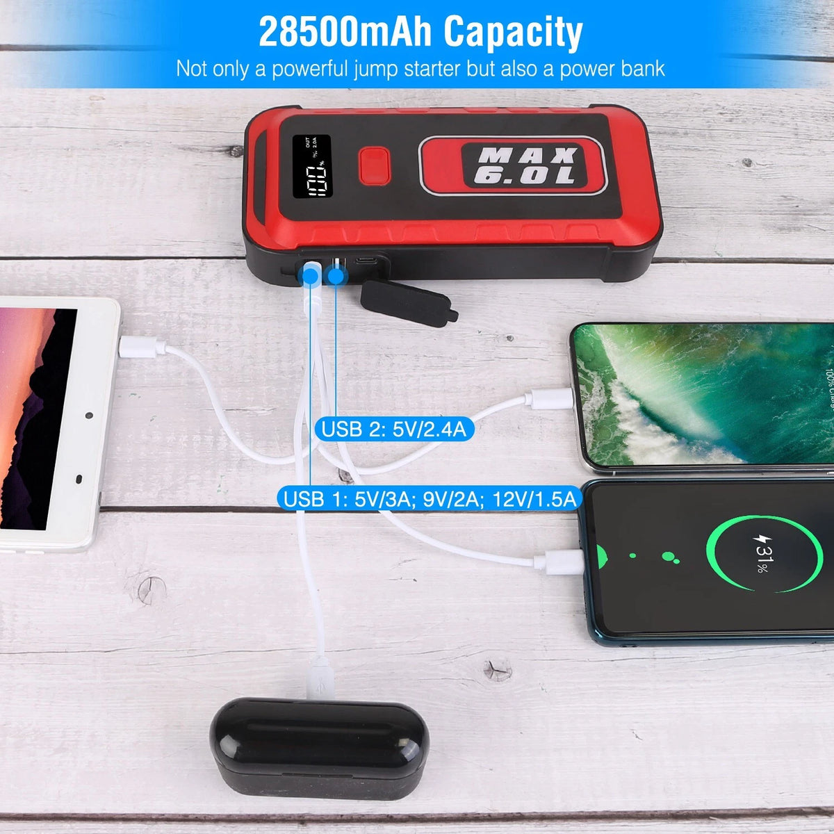 Portable 2500A Car Jump Starter 25800mAh Battery Pack USB LED Light
