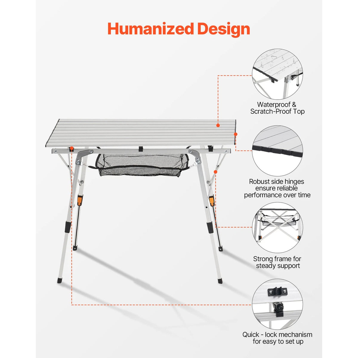 Camping Table Roll Up Top with Storage Mesh Shelf Foldable