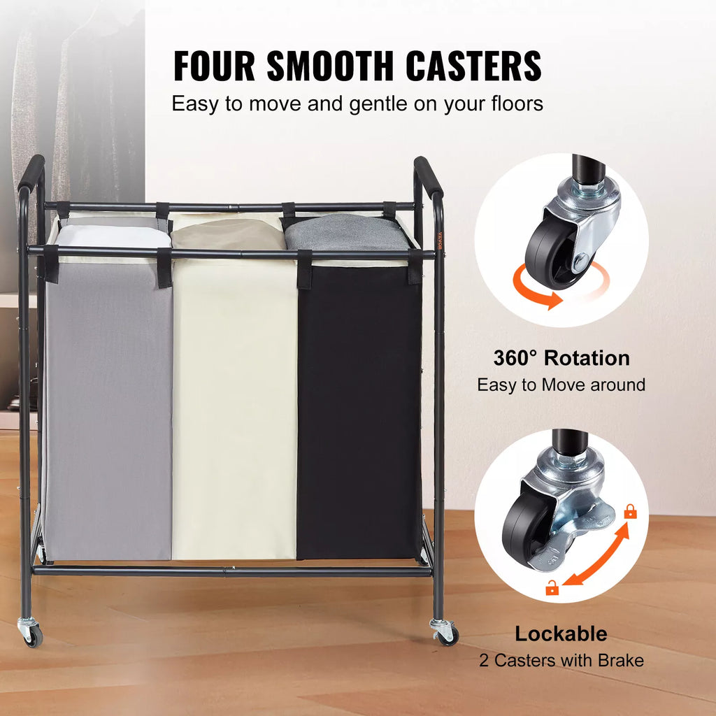 3-Section Laundry Sorter Cart with Wheels and Removable Bags