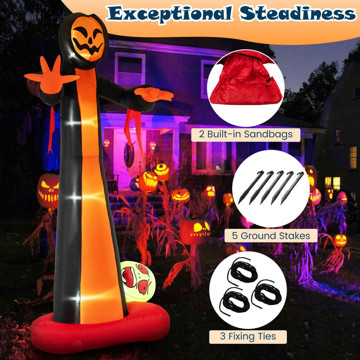 12FT Giant Grim Reaper Inflatable with Skull, LED Lights & Blower