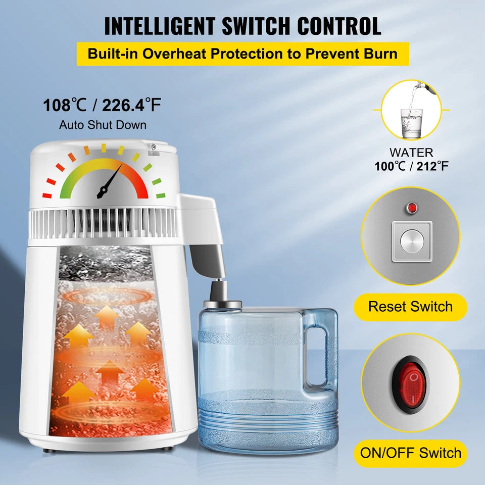 4L Water Distiller 750W Stainless Steel Countertop Pure Water Unit
