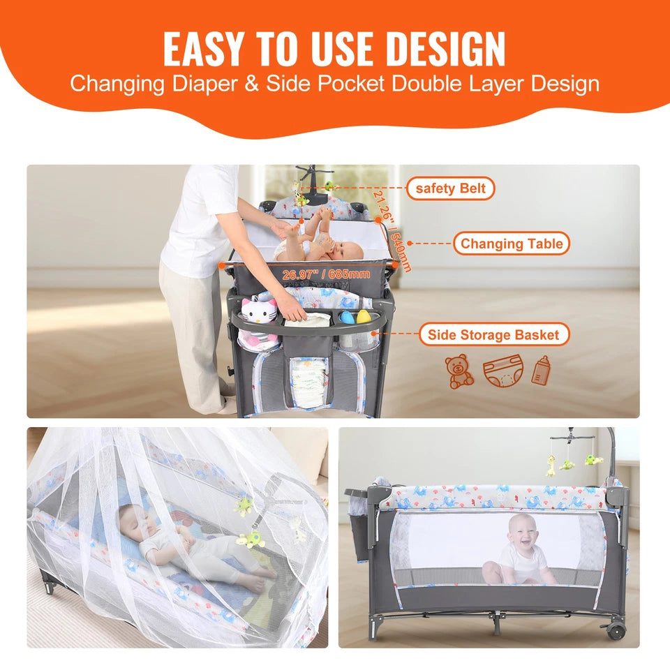 Foldable Baby Bassinet with Changing Table, Storage & 77 lbs Capacity