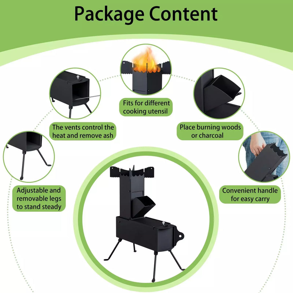 Portable Outdoor Rocket Stove Camping Tent Heating Wood Cooking