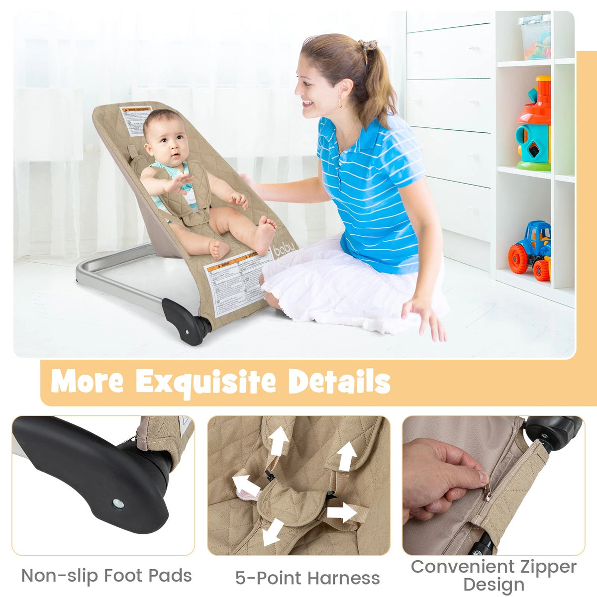 Folding Baby Bouncer with Ergonomic Backrest Breathable Design Beige