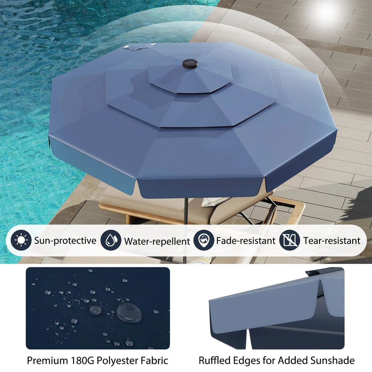 10 FT Solar Patio Umbrella with LED Lights and 3-Tier Vented Design