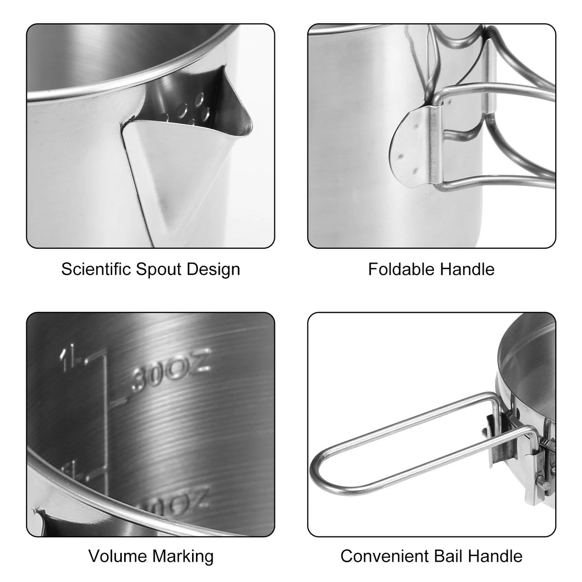 1L Stainless Steel Camping Pot with Lid, Spout & Foldable Handle