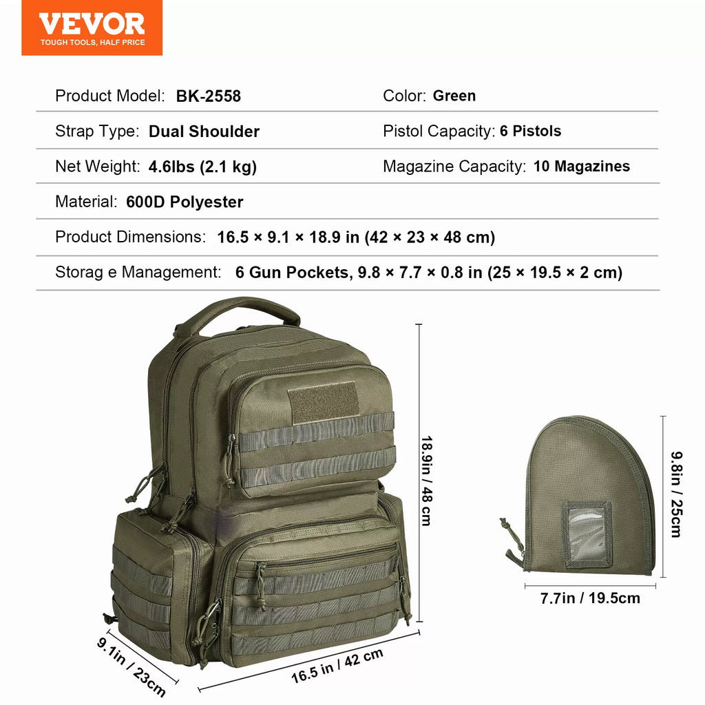 Tactical Range Backpack for 6 Pistols with Molle Panels Green