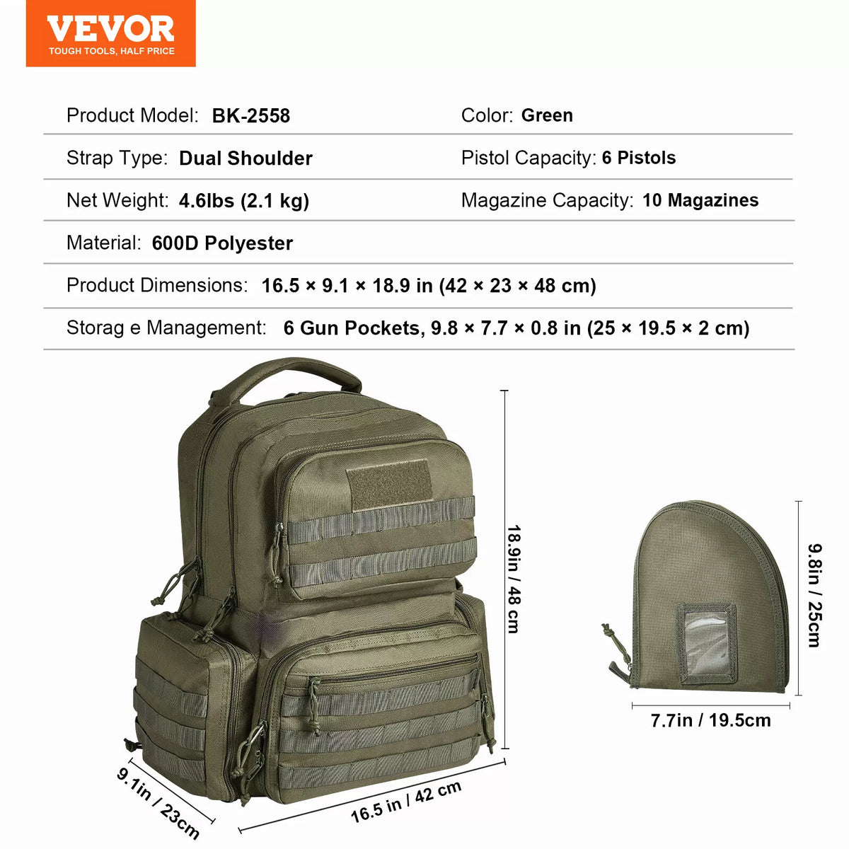 Tactical Range Backpack for 6 Pistols with Molle Panels Green