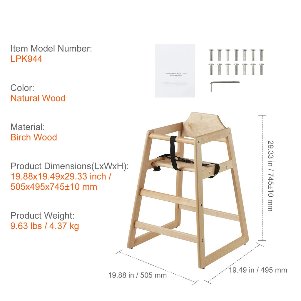 Birch Wood Baby High Chair with Harness and Anti-Slip Foot Pads