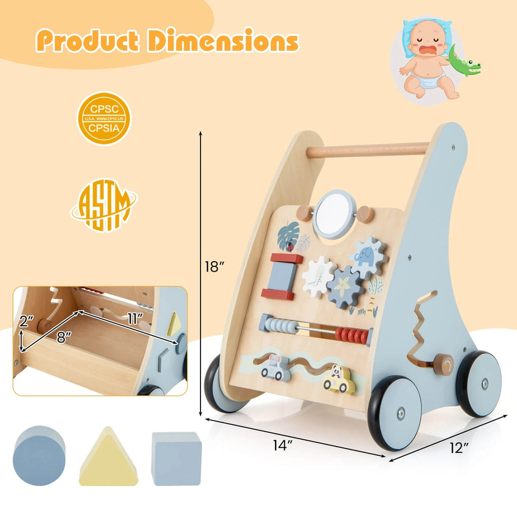 Wooden Baby Push Walker with Multi-Activity Learning Center & Storage