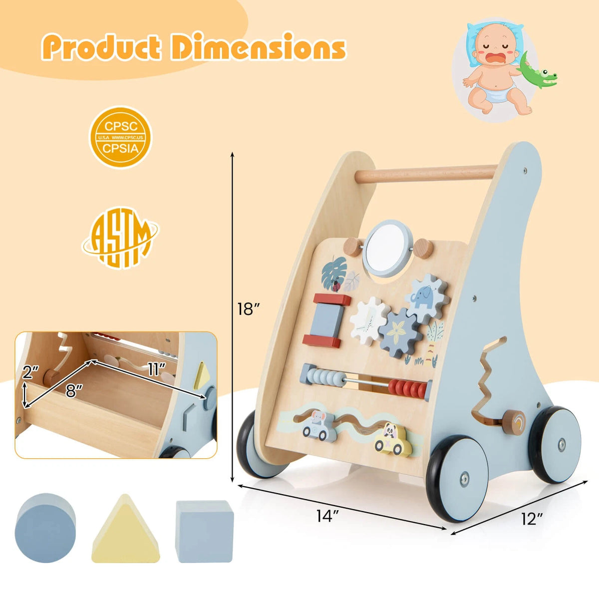 Wooden Baby Push Walker with Multi-Activity Learning Center & Storage